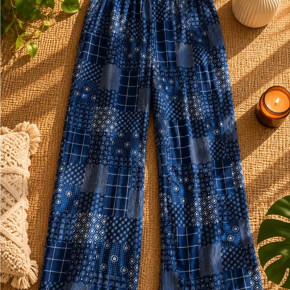 Navy Blue Patchwork Print Wide Leg Pants